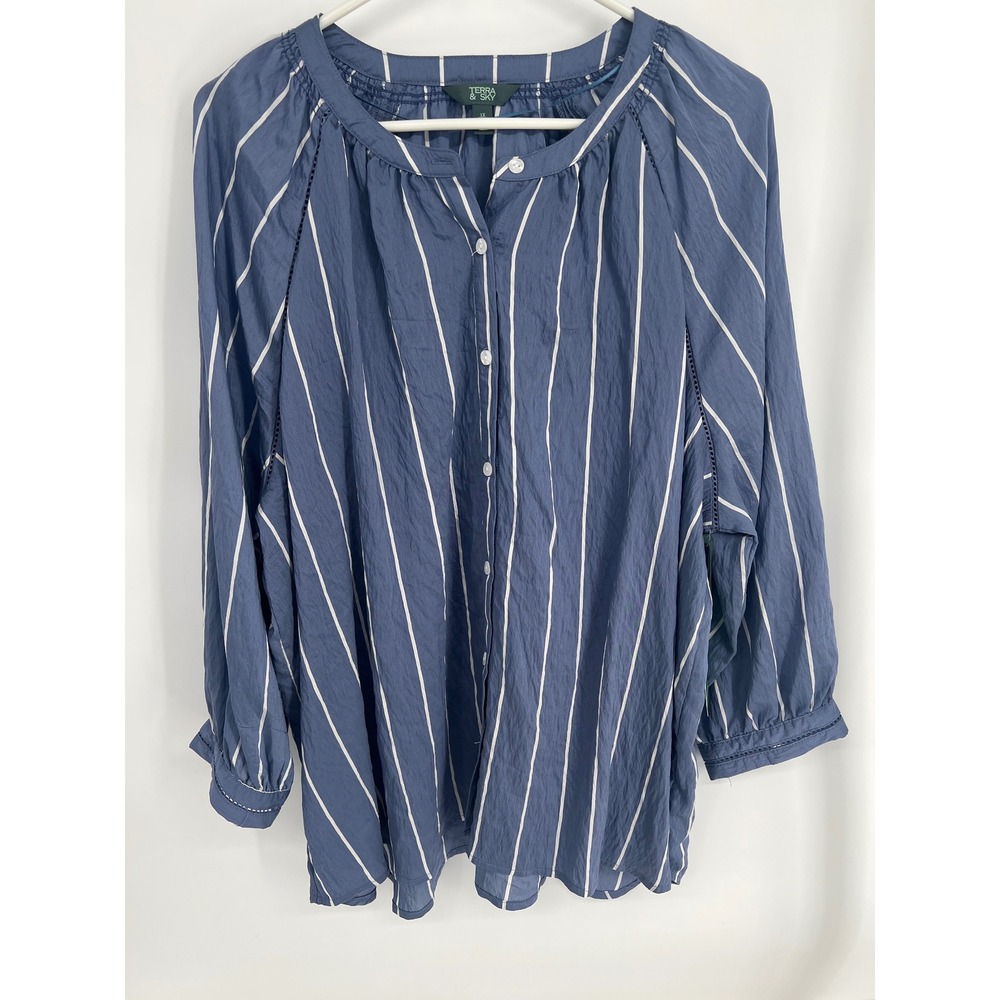 Terra‎ & Sky Womens 1X Blue White Striped Quarter Sleeve Blouse TS1736016203